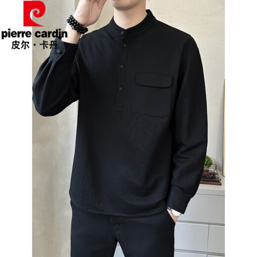 Pierre Cardin high-end men's cotton and linen T-shirt men's spring and autumn new long-sleeved polo bottoming shirt casual and versatile henley collar linen khaki M
