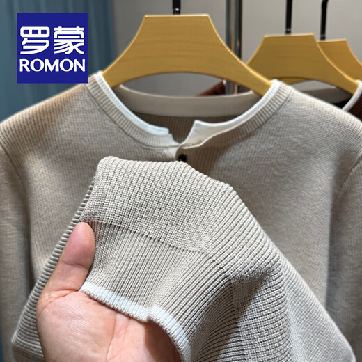 ROMON old money style Henry collar sweater men's long-sleeved bottoming shirt autumn and winter two-button inner thickened warm sweater beige XL 175