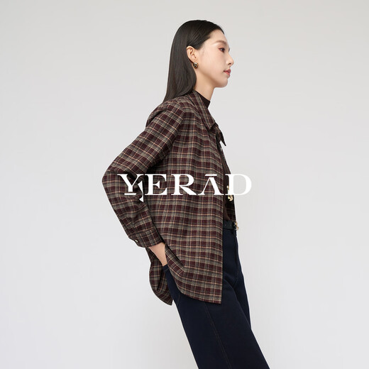 Yalida French retro brown plaid long-sleeved shirt for women 2025 autumn and winter new loose brushed shirt jacket red brown plaid color (F0) L
