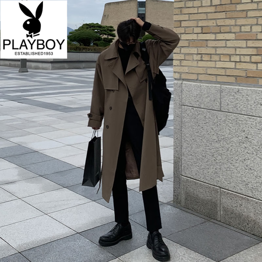 Playboy (PLAYBOY) British style windbreaker drapey mid-length coat men's spring and autumn thin coffee color Crusu coat coffee color S