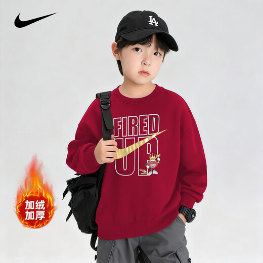 NIKE Nike Girls' Velvet Sweater Set Winter 2025 New Boys' Sports Cotton Two-piece Set Children's Long Sleeve College Red 2245 Autumn and Winter Velvet Style High Weight 150/M Recommended Height 140-152cm
