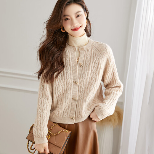 Shexi (Srcr) pure wool coat for women 100% wool knitted outer thick autumn and winter short soft waxy cable sweater cardigan