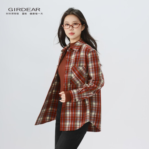 GIRDEAR Women's Top Fashion Classic Versatile Loose Casual Retro Plaid Long Sleeve Shirt Jacket 1400458 Red Brown Plaid Scottish Plaid S 2 Size