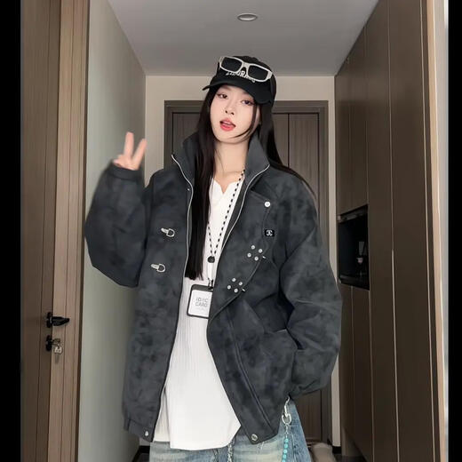 NYING American tie-dye pu leather jacket men's 25 autumn new high street fashion brand stand collar casual jacket handsome loose top gray L (130-150Jin Jin equals 0.5 kg)