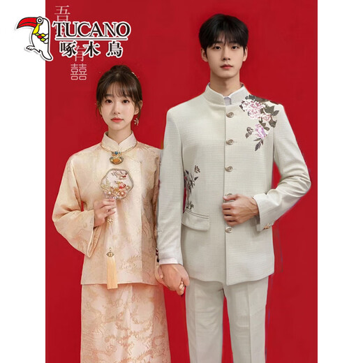 Woodpecker New Chinese Style Peony Butterfly Embroidered Suit Suit Men's Chinese tunic suit Chinese style Tang suit jacket groom wedding black two-piece suit jacket + pants L 141-155Jin Jin equals 0.5 kg