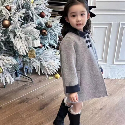 Disney (Disney) Girls Printemps et Automne 5 version coréenne double face imitation cachemire nouveau manteau en laine printemps et automne manteau pour enfants moyen et grand manteau mi-long gris col noir manteau en velours 130 recommandé environ 125 cm
