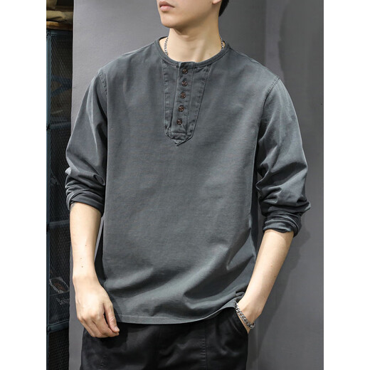 Romon pure cotton sweatshirt spring and autumn long-sleeved T-shirt 2025 new casual men's loose trendy brand Henry collar bottoming shirt 2315 charcoal gray S suitable weight 90-115Jin Jin equals 0.5 kg
