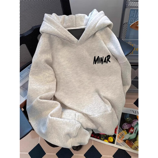 Cotton American heavyweight high street hooded sweatshirt for men in autumn and winter 2025 new trendy loose top jacket with velvet white gray 3346 regular high quality 27 XL 125-140Jin Jin is equal to 0.5 kg