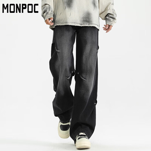 MONPOC American jeans men's spring, autumn and winter retro trendy loose straight casual pants MON02 black gray 2XL