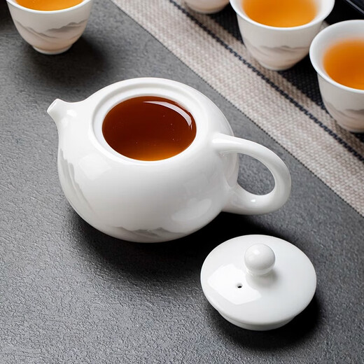 Suet-fat jade white porcelain Kung Fu tea set for home office light luxury high-end teapot covered bowl teacup gift set 15-head ink landscape Xishi teapot complete set