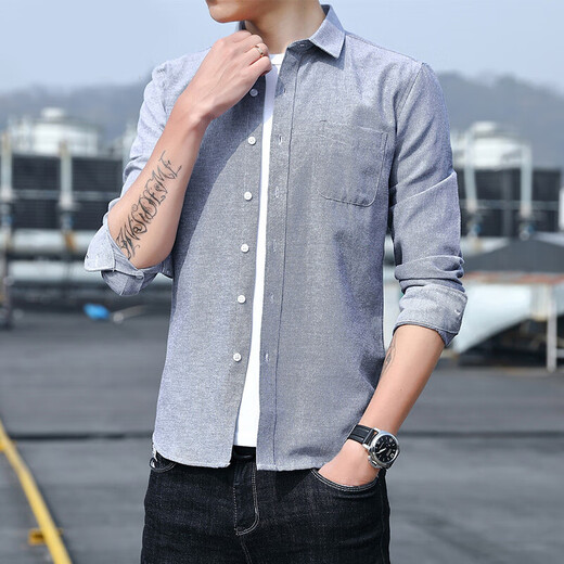 ROMON Oxford spinning long-sleeved shirt men's elastic anti-wrinkle white shirt comfortable slim shirt jacket men gray 4XL