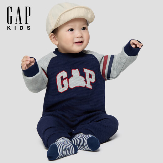 Gap Baby Spring Waffle Raglan Long Sleeve Contrast Color Jumpsuit Children's Romper 848402 Navy Blue 73cm (6-9 months) Asian size
