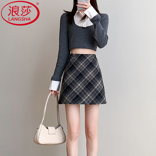 Langsha Plaid Skirt Women's 2025 Autumn and Winter New Woolen Hip Skirt Korean Style A-Line Short Skirt Plus Velvet Warm Bottoming Skirt Dark Gray Small Plaid Skin Friendly Wool Comes with Lining M Weight 96-110 Jin Jin equals 0.5 kg Waist 68CM Hips 92CM