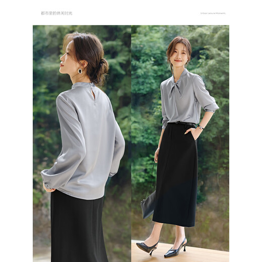 Mohan Yimei Comfortable Satin Shirt 2025 Autumn New Design Structural Twist Texture Versatile Shirt for Women Gray M