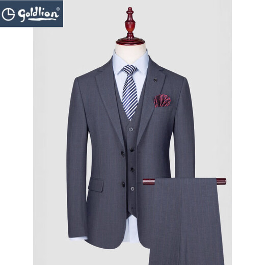 GOLDLION G+ Jinlilai suit men's 2025 autumn new groomsmen suit wool business casual suit for young and middle-aged men TZ6803 blue gray suit + vest + trousers XL 180 135-150Jin Jin equals 0.5 kg