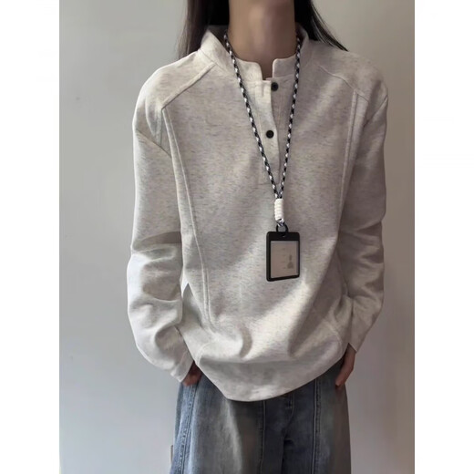 Yiqun cleanfit splicing deconstructed long-sleeved t-shirt sweatshirt for men in autumn Henry collar heavy right shoulder inner layering shirt for men white gray XL recommended 120-140Jin Jin equals 0.5 kg