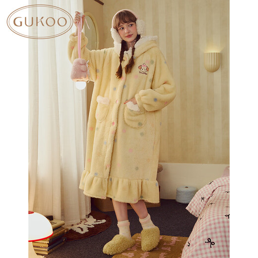 Gukoo Pajamas Women's Winter New Variety of Cute Women's Home Clothes Warm Hooded Cartoon Pajamas Custard M