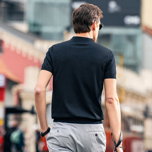 Mr. Bu star's same style machine washable wool T-wool short-sleeved sweater men's knitted bottoming shirt Henry collar piano black S (165)