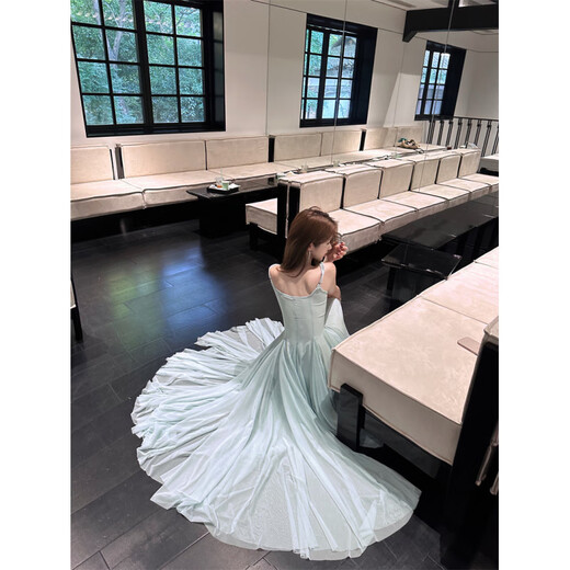 YIOU Gala Annual Meeting Slim Fit Super Fairy Crystal Diamond Chain Large Swing Strap Long Dress 8345 Green M