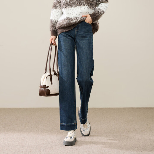 逸阳（ESE-Y）加绒宽边九分直筒牛仔裤女小个子2025年冬季新款裤子 复古蓝 28