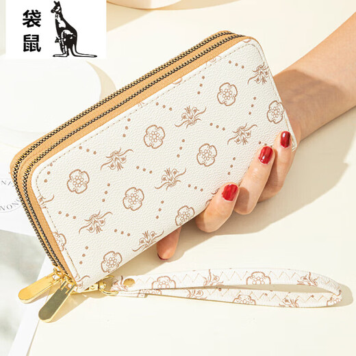 袋鼠（KANGAROO）钱包女长款2024新款欧美时尚大容量双拉链手机包女印花手拿包 米白色双拉