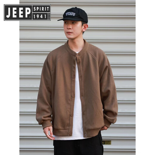 JEEP SPIRIT Japanese retro waffle cardigan sweatshirt jacket for men and women in spring and autumn loose casual sports Henry collar clip gray M