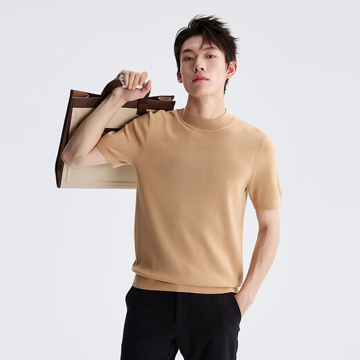 Lilang Light Fashion Cardigan en laine lavable en machine pour homme, 100 % laine, col demi-tortue, pull chaud à manches courtes, couleur blé (2 ans) L (170)