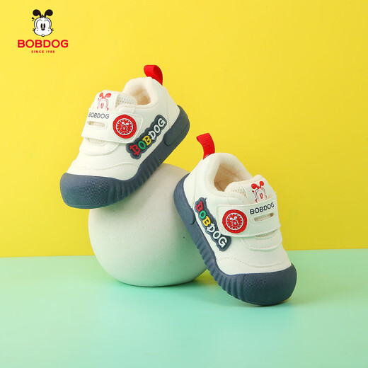 BOBDOG baby boy toddler shoes, autumn and winter leather and velvet warm cotton shoes, non-slip soft sole casual functional shoes for infants and young children, 678 meters navy blue (velvet winter style) size 16/shoe inner length 12cm