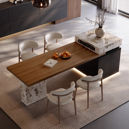 Aurunsen Italian minimalist high-end island dining table integrated retractable slate dining table large kitchen guide table Pandora + wood grain color Bull track socket + tea + 4 chairs 160cm total telescopic length 200-240