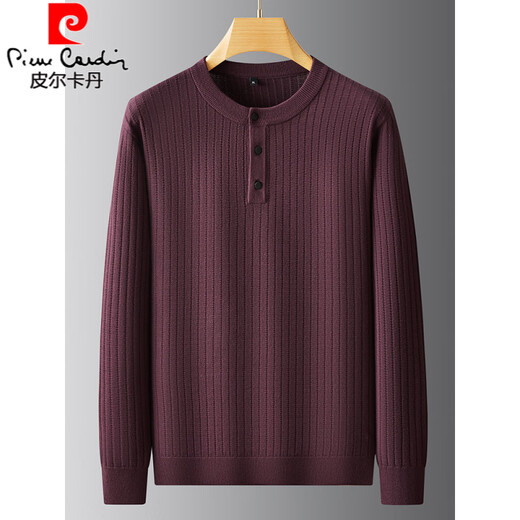 Pierre Cardin plus size men's henley collar long-sleeved sweater autumn and winter striped sweater men's large size loose sweater black XL (recommended 130-150Jin Jin equals 0.5 kg)