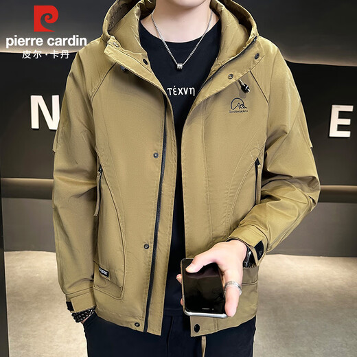 Pierre Cardin jacket men's spring, autumn and winter hooded outdoor casual workwear jacket men's trendy tops Khaki XL