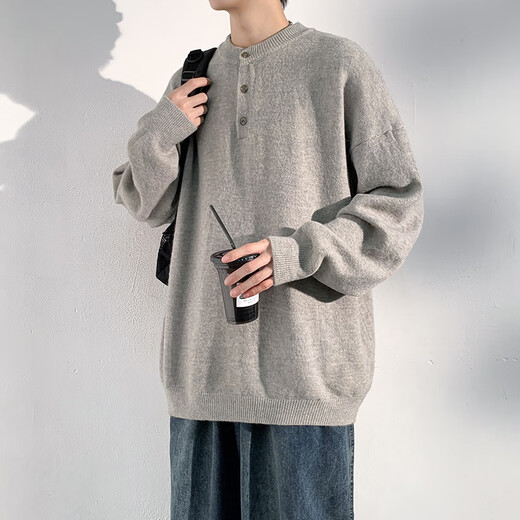 Dingfengbaoluo solid color casual sweater men's autumn retro comfortable versatile pullover sweater JUC09 light gray 4XL
