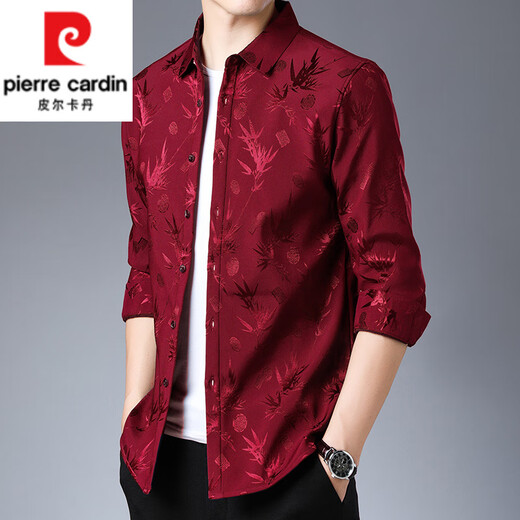 皮尔卡丹（pierre cardin）真丝花衬衫男长袖桑蚕丝春秋寸衣中年爸爸装加绒加厚印花上衣 藏青色F3768 L 170/120-140斤穿