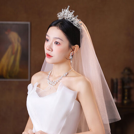 Bridal Crown Tiara, Veil, Proposal, Certificate, Marriage, Korean Forest Crystal Crown Wedding Dress, Hair Accessories for Adults, Crown + Veil + Necklace, Ear Clip Set, Four-piece Set