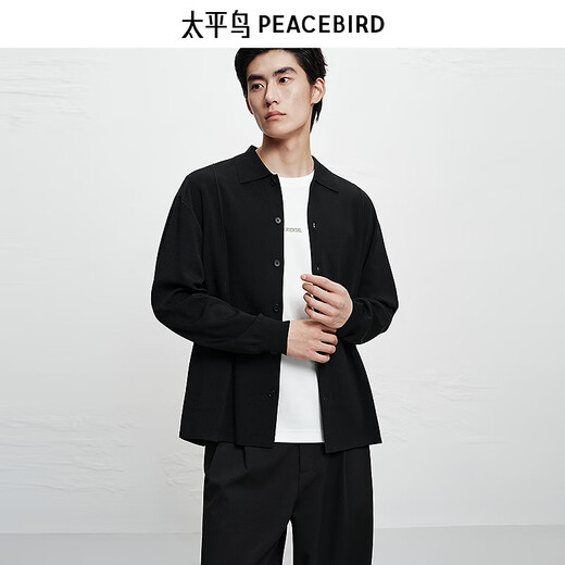 PEACEBIRD Men's Shopping Mall Sweatshirt Men's Acetate Fabric Black Lapel Sweater B1EAF1429 Black 1 L