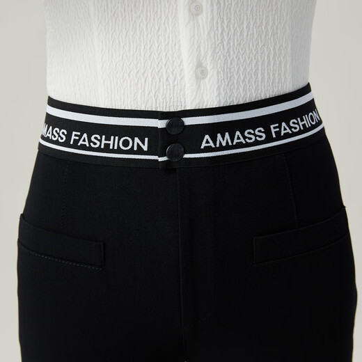 AMASS women's fashionable and versatile casual letter webbing four-sided elastic small black micro-flare formal suit pants for women 5100460 signature fabric-black M (size 3)