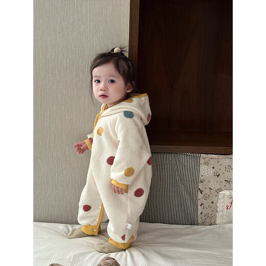 心楠婴儿春秋季连体衣女宝宝超萌毛绒加厚连帽爬服保暖家居服睡衣秋季 彩色波点连帽连体衣【加绒】 90cm