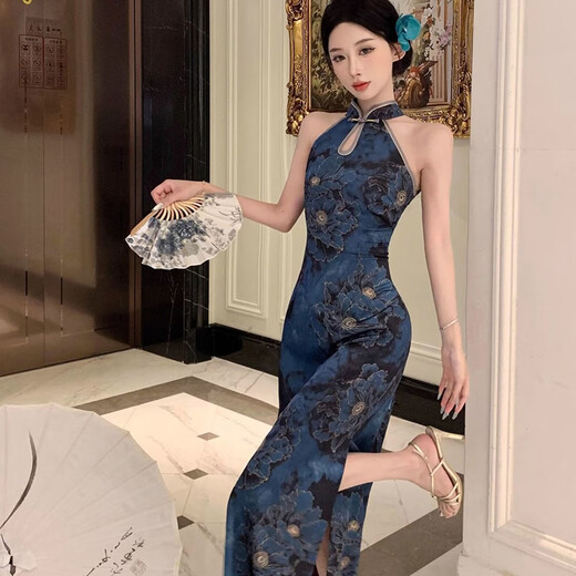 Feiyao cheongsam new Chinese style national style satin print improved cheongsam sleeveless slim waist sexy dress long skirt dark blue S length 105cm, bust 80cm