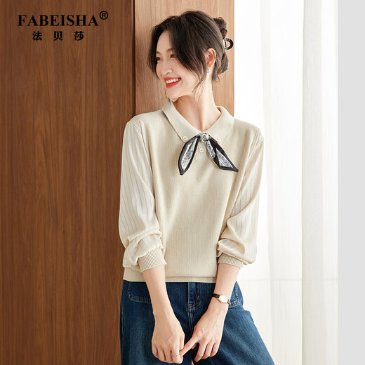 Faberza brand silk scarf collar sweater tops for women autumn and winter 2025 new style temperament fashionable sweater beautiful age-reducing sweater beige M