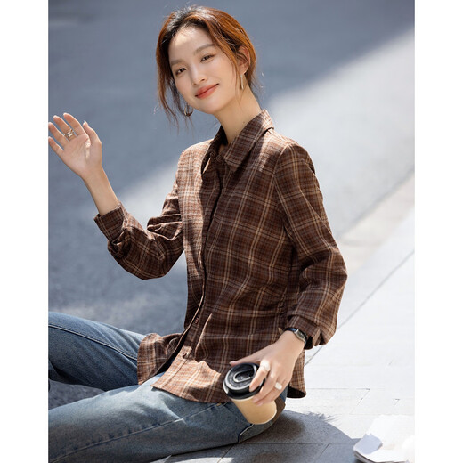 Demana Geometric Aesthetics Winter Intelligent Commuting Lapel Plaid Shirt Side Pleated Waist Shirt Women's Top