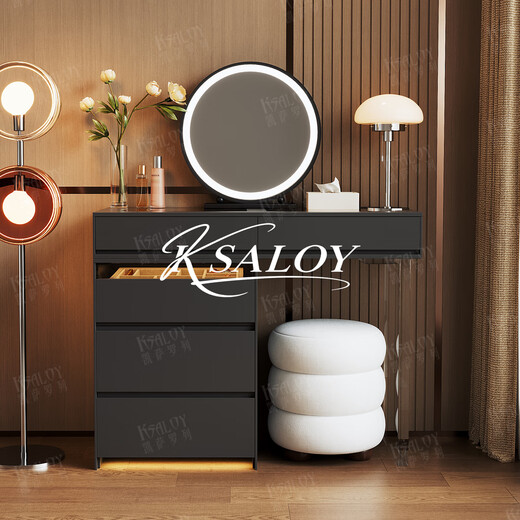 KSALOY Italian dressing table and drawer integrated bedroom small apartment storage cabinet light luxury high-end dressing table jewelry display cabinet warm white dressing table + 0.5 meter three drawer cabinet + LED round mirror + acrylic chair 100cm dressing table overall solid wood multi-layer