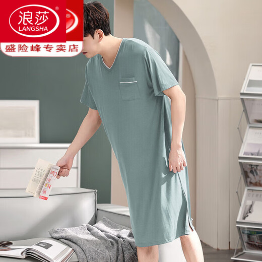 Langsha Men Camanos de una pieza Summer Summer Sail Silk Nightgown Modal de gran tamaño Long Campo suelto 844 Blue oscuro 3xl [recomendado 180-210Jin [Jin iguala 0.5 kg]]]