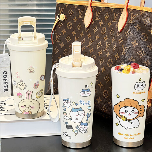 Haowangdejiyikawa peripheral water cup cartoon Usaqi small eight large capacity double-drink insulation portable straw cute student BXAB14098 Xiaoji stainless steel inner liner-520ML with lanyard