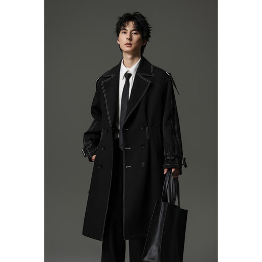 W2X2025 Spring and Autumn New Style Windbreaker Men's Contrast Bright Line Buckle Belt Waist Design Windbreaker Jacket Black L