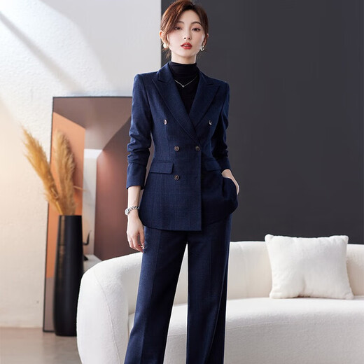 Davia High-End Suit Suit Women's Fashion Slim Suit Jacket Women's Professional Slim Business Formal Wear Navy Suit + Wide Leg Pants Thick XL (115-125 Jin Jin equals 0.5 kg)