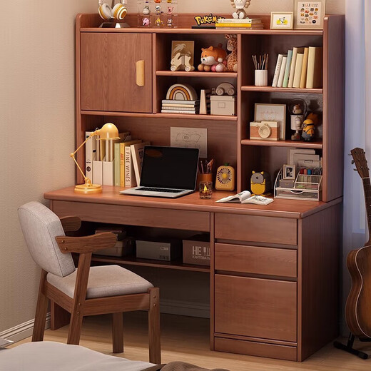 Solid wood home computer desk study table bookshelf bookcase integrated combination office writing table solid wood ecological board 120cm warm white cabinet door