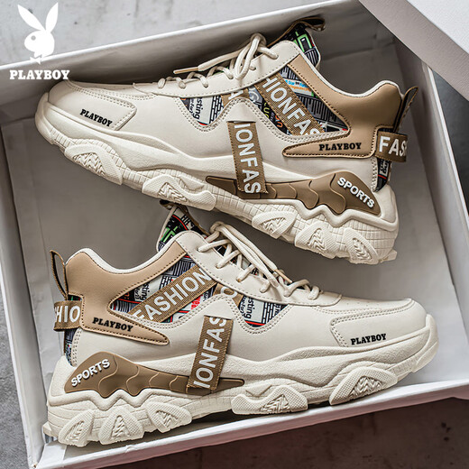 Playboy (PLAYBOY) dad shoes men's shoes 2025 autumn and winter casual shoes men's thick-soled high-top fashion sneakers trendy beige 42