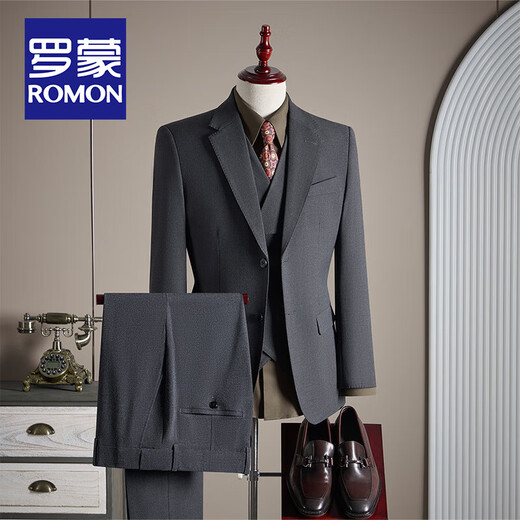 ROMON haute couture modal wool suit suit men's groom wedding dress business casual professional suit men's formal suit dark gray two-piece suit (suit + trousers) XL