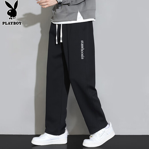 Playboy (PLAYBOY) casual pants men's pants men's autumn and winter wide-leg loose straight sports American sports pants black XL