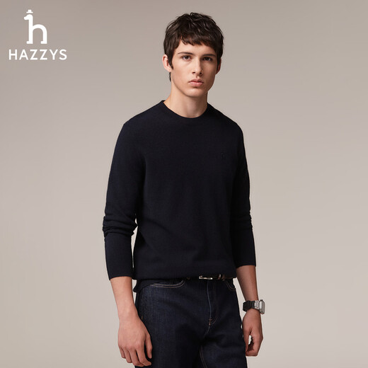 HAZZYS Men's Winter Sweater Same Style as Star Zhang Wanyi Simple Solid Color Cashmere Sweater for Men ABYZD0BDD22 Dark Navy Blue DN L (175/96A 48)